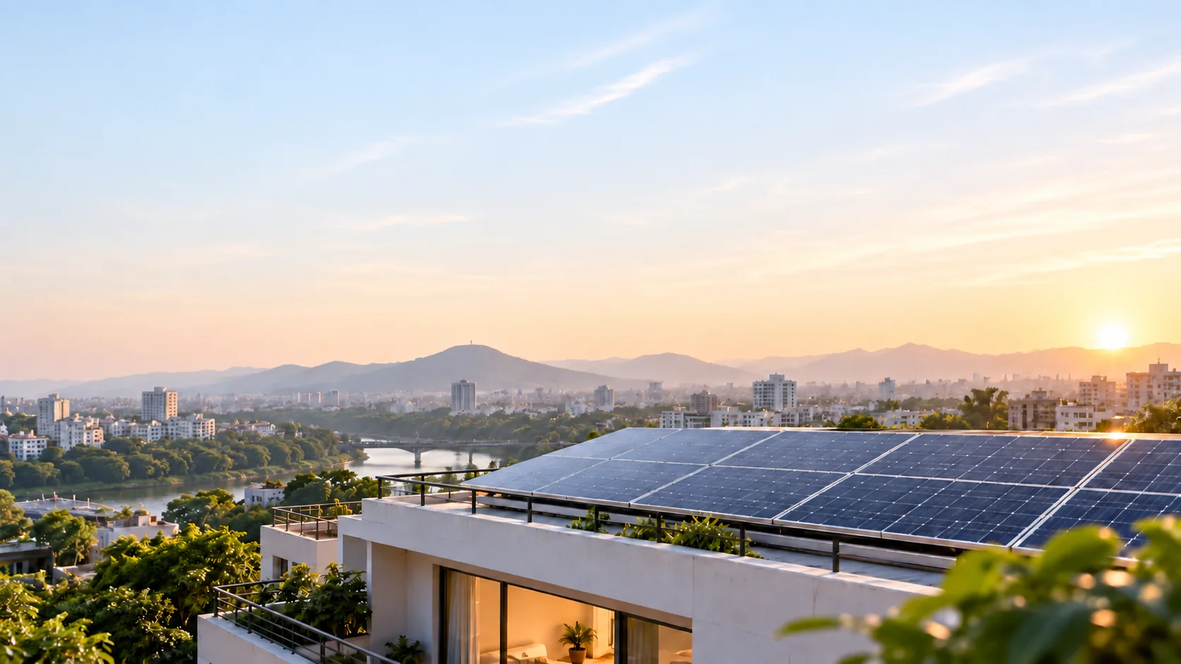 Rooftop solar installation overlooking Pune at sunset.
