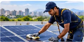 Technician cleaning solar panels