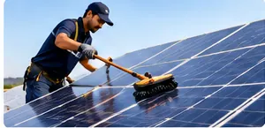 Technician washing solar panels